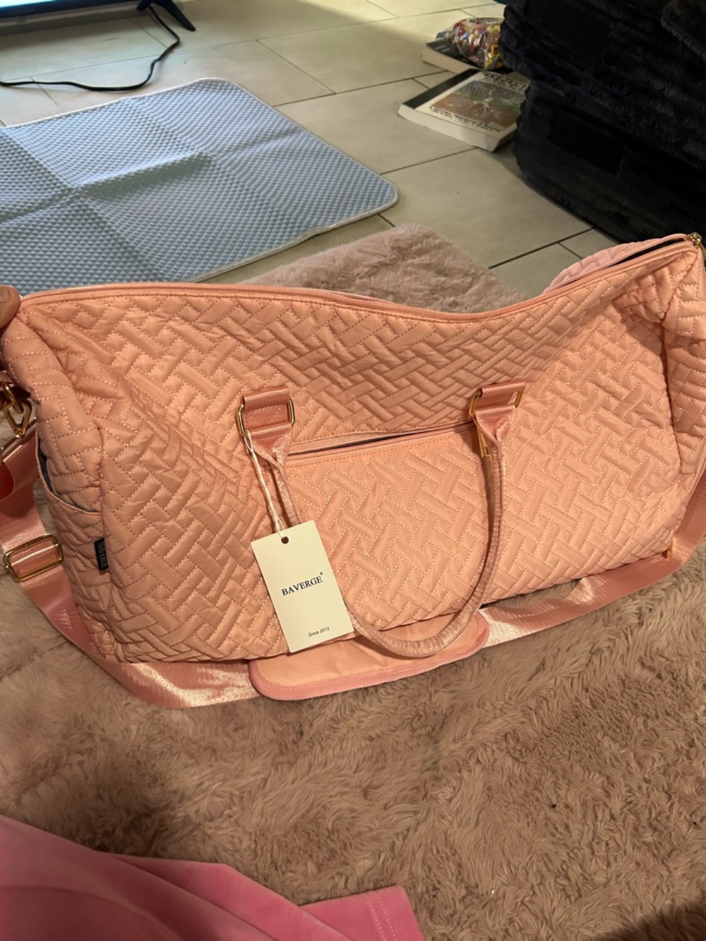 Erge Quilted Peach Travel Weekender Bag with Gold Hardware
